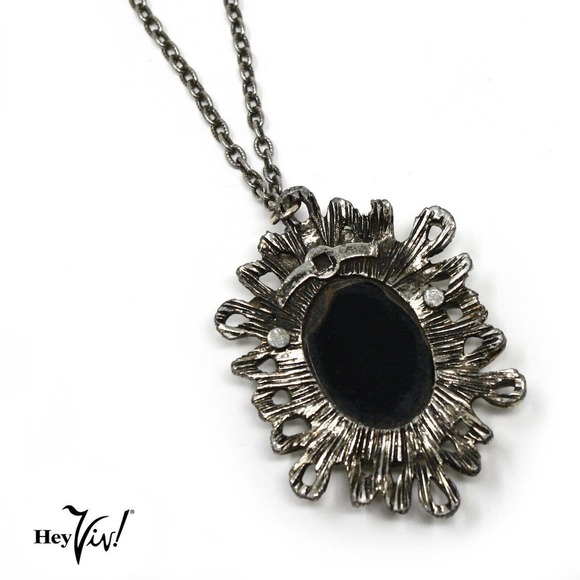 Vintage Large Black Cameo Necklace Chunky Abstract Pendant 24" Chain - Hey Viv - Picture 6 of 7